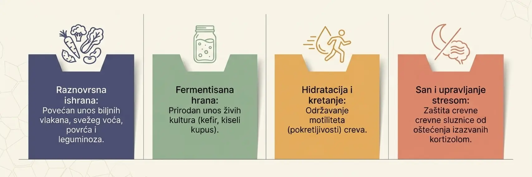 Infografik sa četiri istaknuta stuba zdravlja creva: raznovrsna ishrana, fermentisana hrana, hidratacija i kretanje, san i upravljanje stresom.